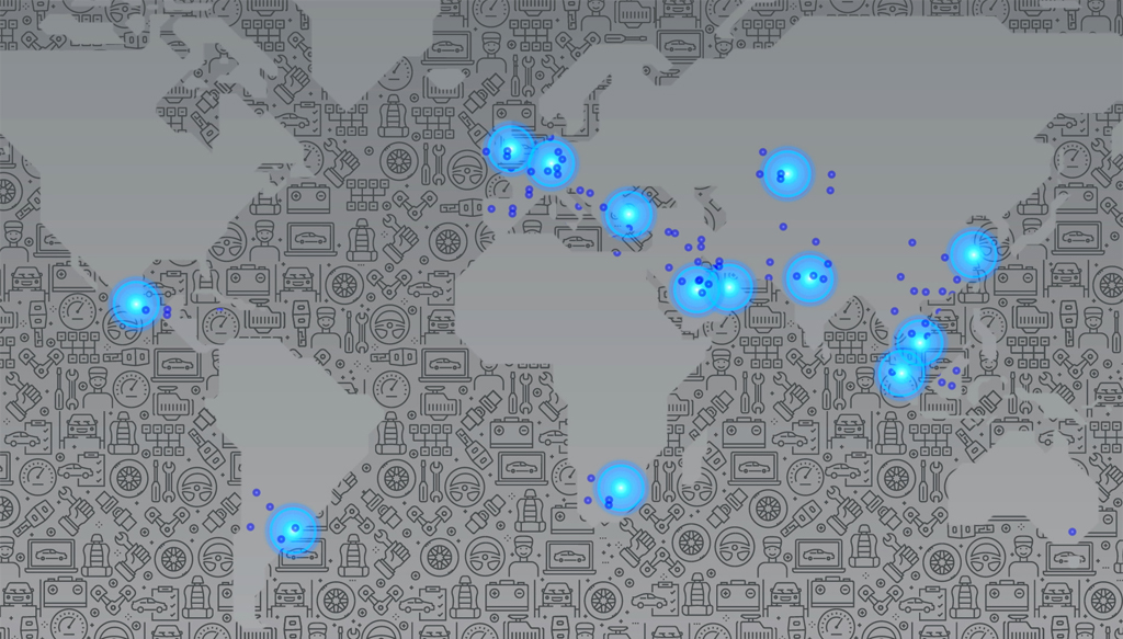 mapa indicando toda la red de automechanika en el mundo