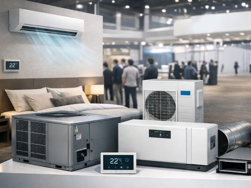foto realizada con IA de Equipos de climatización y aire acondicionado exhibidos en un stand especializado dentro del evento Hotelga.