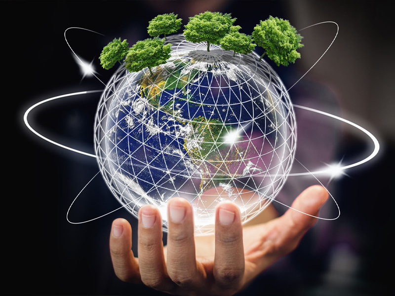 Una mano humana sostiene un globo terráqueo digital que tiene árboles verdes creciendo en la parte superior. Líneas blancas y luminosas orbitan el globo, simbolizando una red.