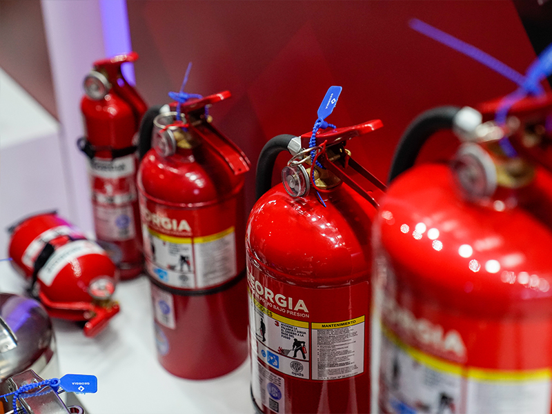 Varios extintores de incendios rojos con etiquetas blancas, algunos de los cuales tienen sellos azules, están en exhibición sobre una superficie blanca.