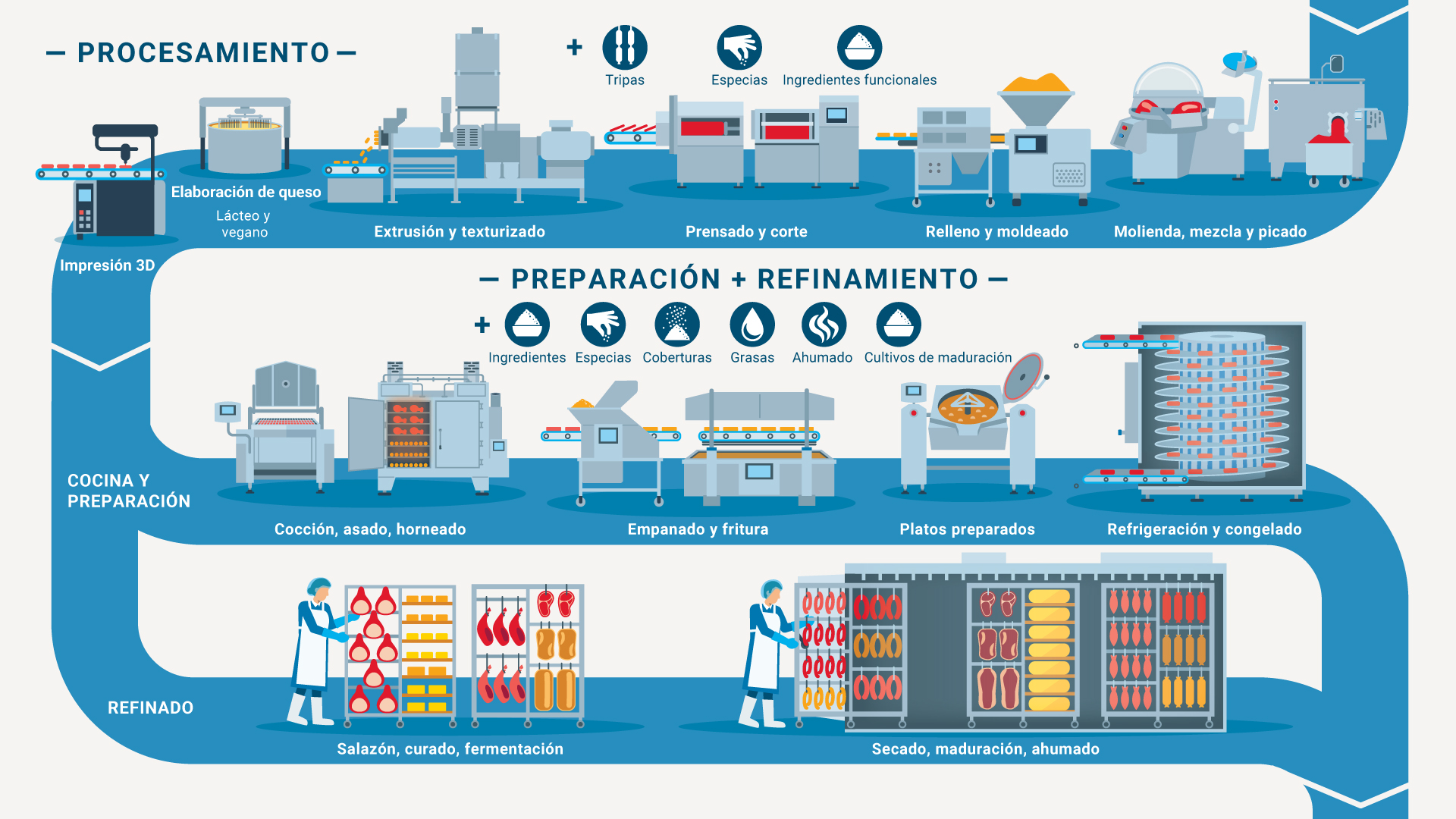 Infografía que detalla las etapas de Procesamiento y Preparación + Refinamiento en la industria alimentaria. Incluye la producción de queso, extrusión y texturización, prensado y corte, relleno y moldeado, y molienda. La sección de preparación y refinamiento abarca cocción, asado, horneado, empanado, fritura, platos preparados, enfriamiento y congelación, así como salazón, curado, fermentación, secado, maduración y ahumado.